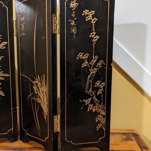 Vintage Asian Geisha Folding Tabletop Screen Divider - black lacquer wood screen - Picture 13 of 15